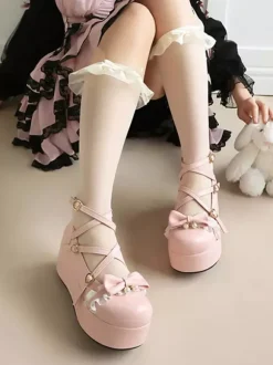 Escarpins Lolita Sweet Lolita roses à plateforme en cuir PU bout rond et lacets ornés de n艙uds.