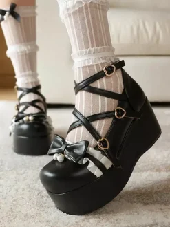 Escarpins Lolita Sweet Lolita roses à plateforme en cuir PU bout rond et lacets ornés de n艙uds.