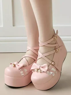 Escarpins Lolita Sweet Lolita roses à plateforme en cuir PU bout rond et lacets ornés de n艙uds.