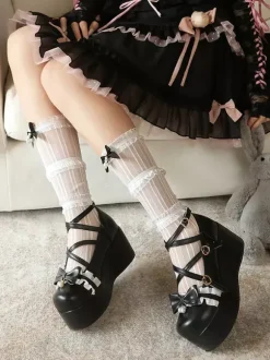 Escarpins Lolita Sweet Lolita roses à plateforme en cuir PU bout rond et lacets ornés de n艙uds.