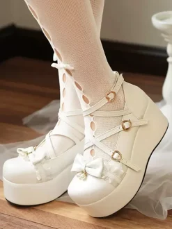 Escarpins Lolita Sweet Lolita roses à plateforme en cuir PU bout rond et lacets ornés de n艙uds.