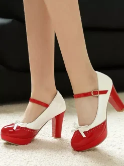 Escarpins Lolita Sweet Mary Janes n艙uds rouges en cuir PU talons compensés.