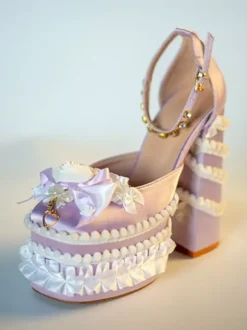 Escarpins Lolita Sweet vert clair à n艙ud et volants en cuir PU à talon compensé