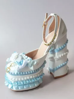 Escarpins Lolita Sweet vert clair à n艙ud et volants en cuir PU à talon compensé