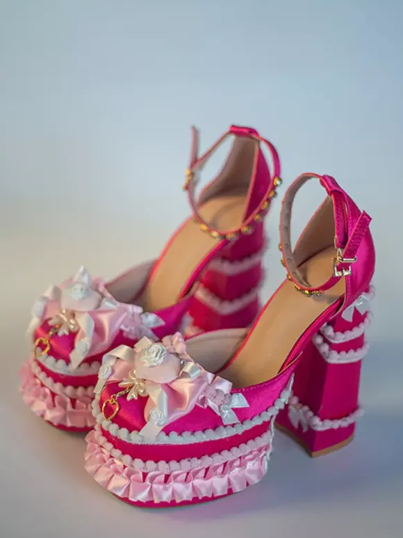 Escarpins Lolita Sweet vert clair à n艙ud et volants en cuir PU à talon compensé
