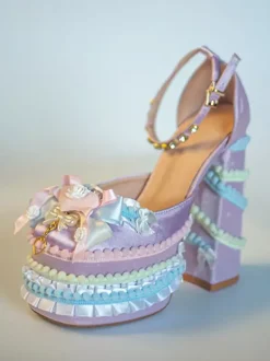 Escarpins Lolita Sweet vert clair à n艙ud et volants en cuir PU à talon compensé