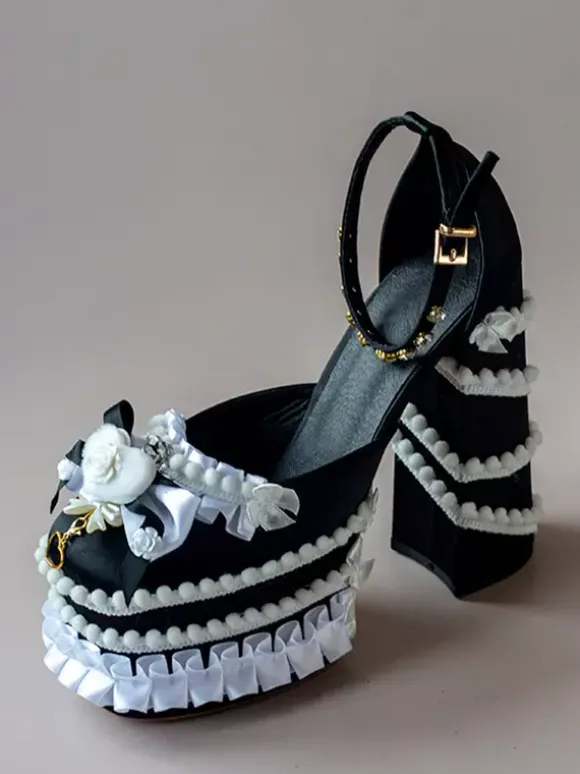 Escarpins Lolita Sweet vert clair à n艙ud et volants en cuir PU à talon compensé