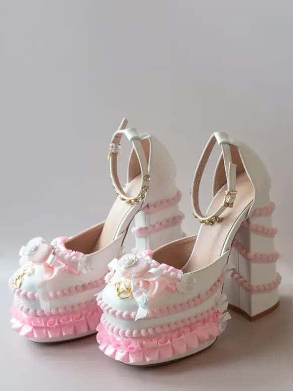 Escarpins Lolita Sweet vert clair à n艙ud et volants en cuir PU à talon compensé