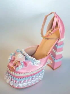 Escarpins Lolita Sweet vert clair à n艙ud et volants en cuir PU à talon compensé