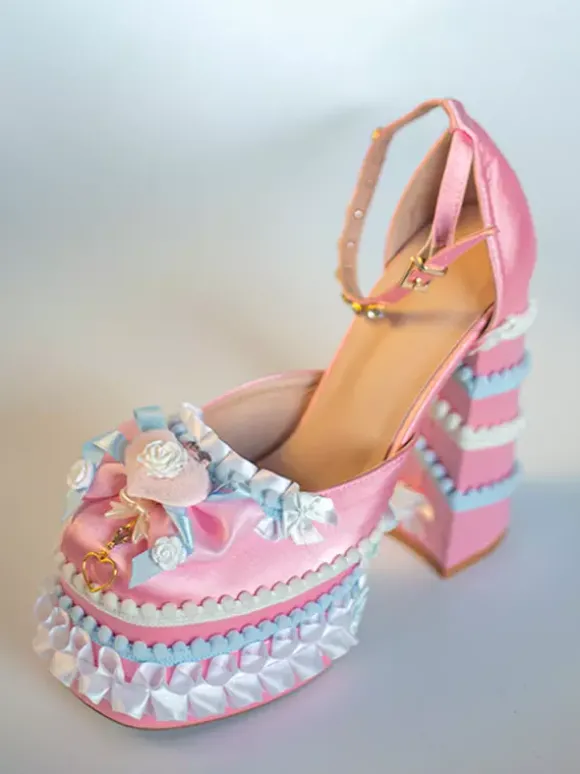 Escarpins Lolita Sweet vert clair à n艙ud et volants en cuir PU à talon compensé