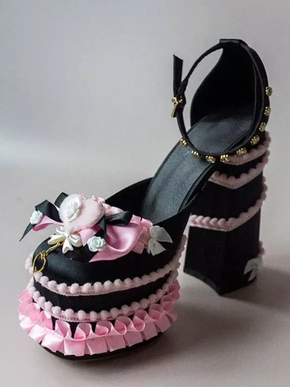 Escarpins Lolita Sweet vert clair à n艙ud et volants en cuir PU à talon compensé