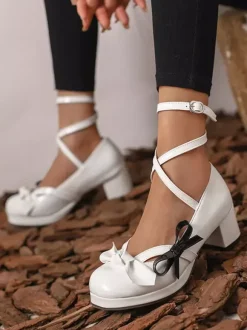 Escarpins Lolita à talons compensés en cuir verni orange et rouge avec n艙uds