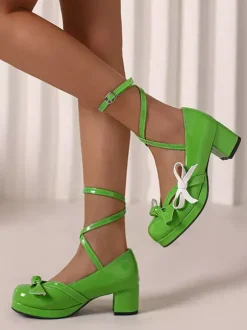 Escarpins Lolita à talons compensés en cuir verni orange et rouge avec n艙uds