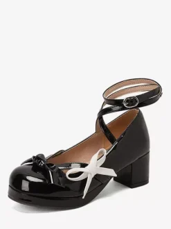 Escarpins Lolita à talons compensés en cuir verni orange et rouge avec n艙uds