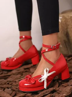 Escarpins Lolita à talons compensés en cuir verni orange et rouge avec n艙uds