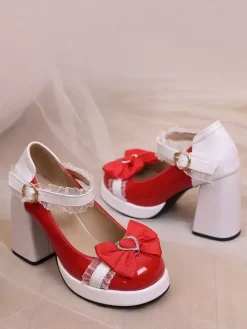 Escarpins Lolita à talons compensés en cuir verni ornés de n艙uds en dentelle rose