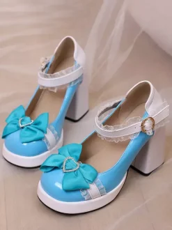 Escarpins Lolita à talons compensés en cuir verni ornés de n艙uds en dentelle rose