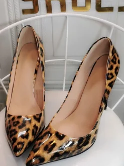 Escarpins marron café pour femmes talons aiguilles bout pointu imprimé léopard cuir verni talons sexy décontractés