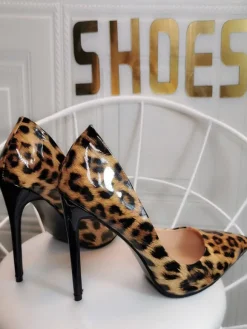 Escarpins marron café pour femmes talons aiguilles bout pointu imprimé léopard cuir verni talons sexy décontractés