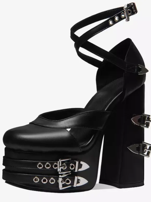 Escarpins noirs à plateforme bout rond détails métalliques brides croisées style gothique