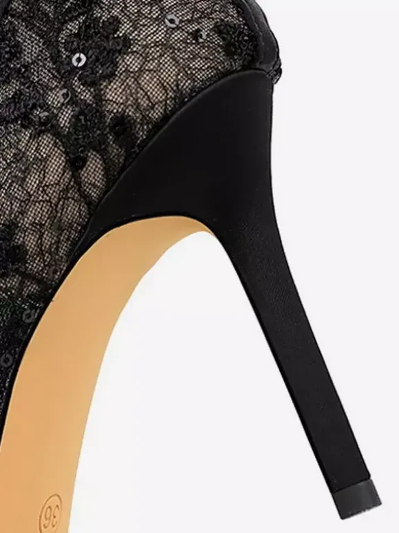 Escarpins noirs à talons hauts bout pointu lacets strass et n艙ud à enfiler