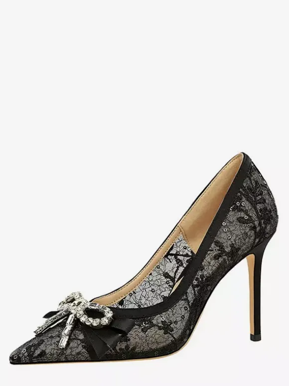 Escarpins noirs à talons hauts bout pointu lacets strass et n艙ud à enfiler