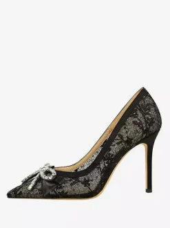 Escarpins noirs à talons hauts bout pointu lacets strass et n艙ud à enfiler