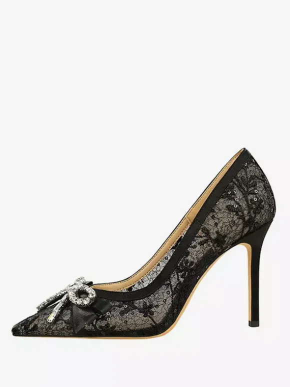 Escarpins noirs à talons hauts bout pointu lacets strass et n艙ud à enfiler