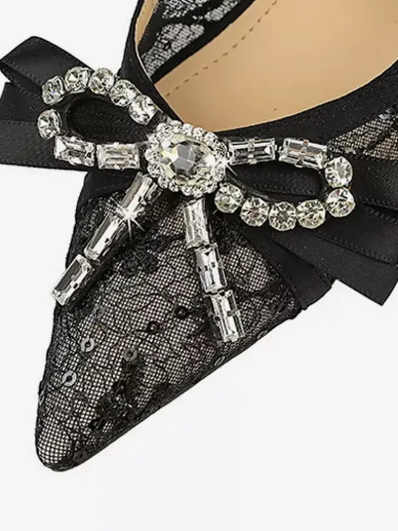 Escarpins noirs à talons hauts bout pointu lacets strass et n艙ud à enfiler