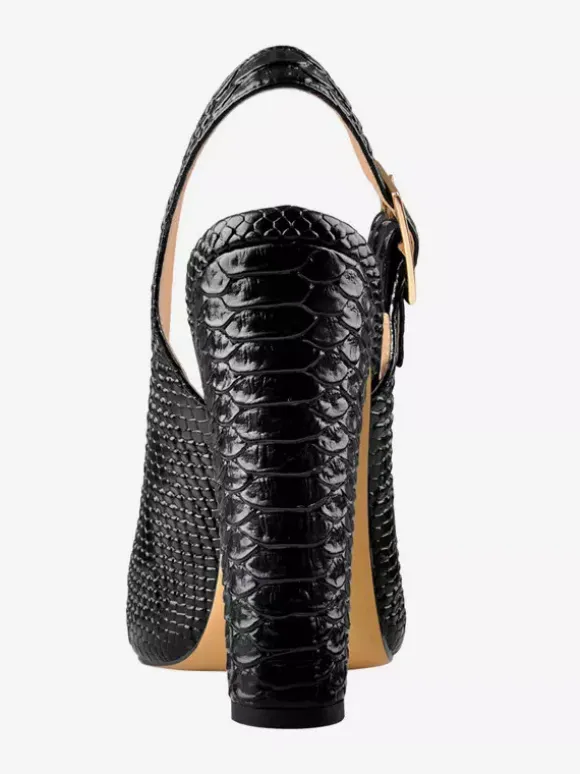 Escarpins noirs à talons hauts et épais motif serpent bout pointu bride arrière