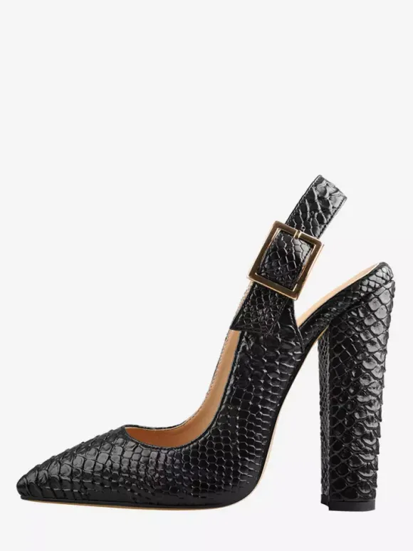 Escarpins noirs à talons hauts et épais motif serpent bout pointu bride arrière