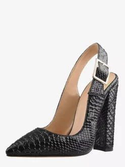 Escarpins noirs à talons hauts et épais motif serpent bout pointu bride arrière