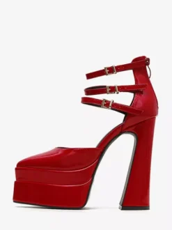 Escarpins à plateforme pour femmes Rouge Bout pointu Fermeture à boucle Bride à la cheville Talons hauts bloc