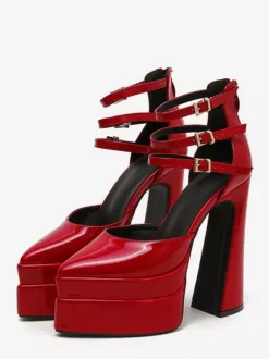 Escarpins à plateforme pour femmes Rouge Bout pointu Fermeture à boucle Bride à la cheville Talons hauts bloc