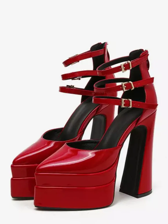 Escarpins à plateforme pour femmes Rouge Bout pointu Fermeture à boucle Bride à la cheville Talons hauts bloc