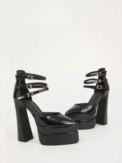 Escarpins à plateforme pour femmes Rouge Bout pointu Fermeture à boucle Bride à la cheville Talons hauts bloc