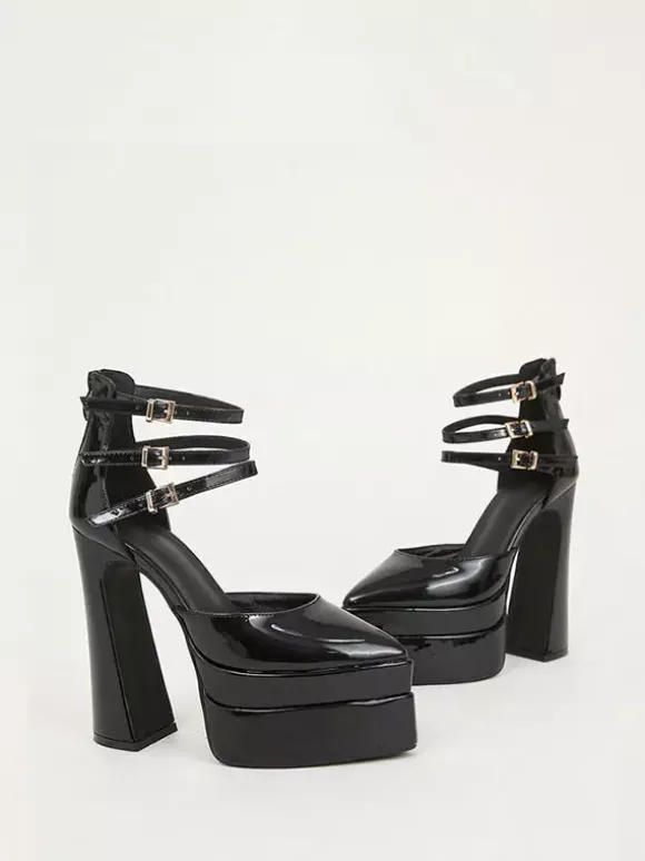 Escarpins à plateforme pour femmes Rouge Bout pointu Fermeture à boucle Bride à la cheville Talons hauts bloc
