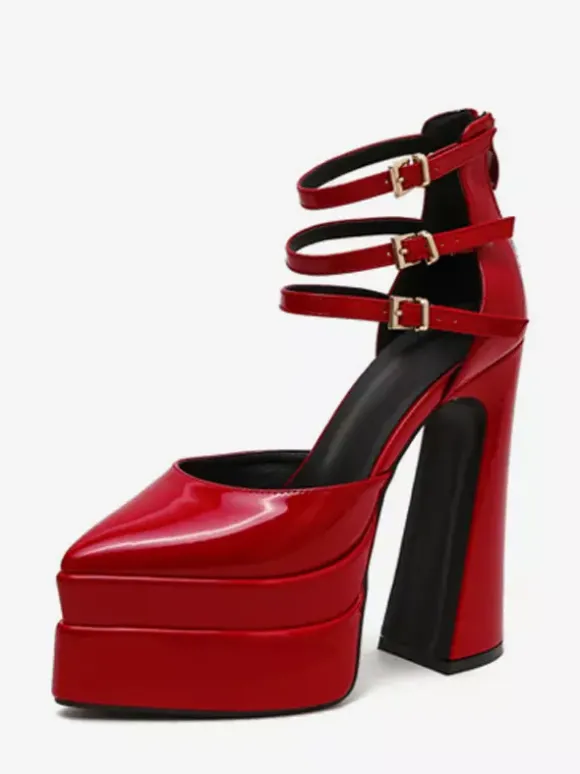 Escarpins à plateforme pour femmes Rouge Bout pointu Fermeture à boucle Bride à la cheville Talons hauts bloc