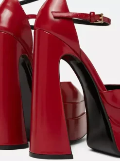 Escarpins à plateforme pour femmes Rouge Bout pointu Fermeture à boucle Bride à la cheville Talons hauts bloc