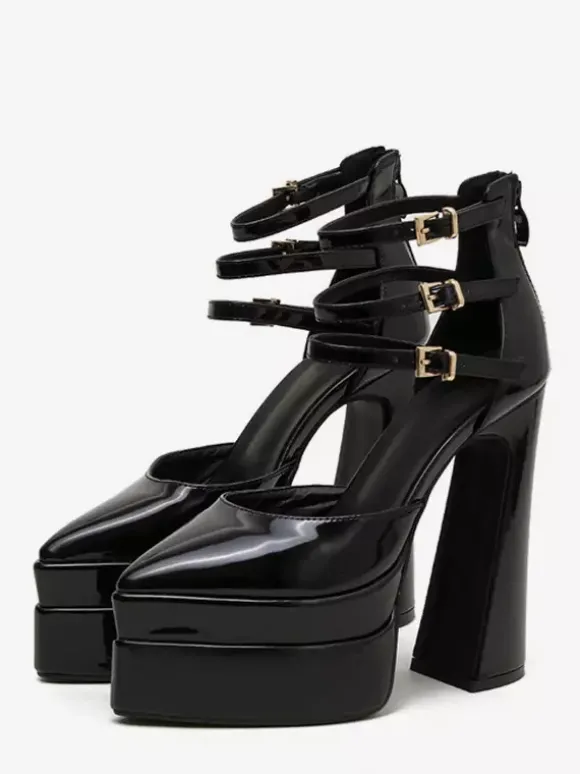 Escarpins à plateforme pour femmes Rouge Bout pointu Fermeture à boucle Bride à la cheville Talons hauts bloc