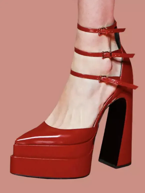 Escarpins à plateforme pour femmes Rouge Bout pointu Fermeture à boucle Bride à la cheville Talons hauts bloc