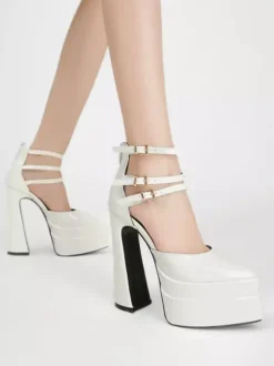 Escarpins à plateforme pour femmes Rouge Bout pointu Fermeture à boucle Bride à la cheville Talons hauts bloc