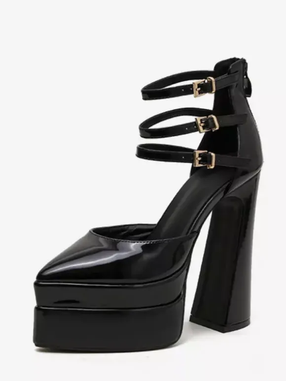 Escarpins à plateforme pour femmes Rouge Bout pointu Fermeture à boucle Bride à la cheville Talons hauts bloc