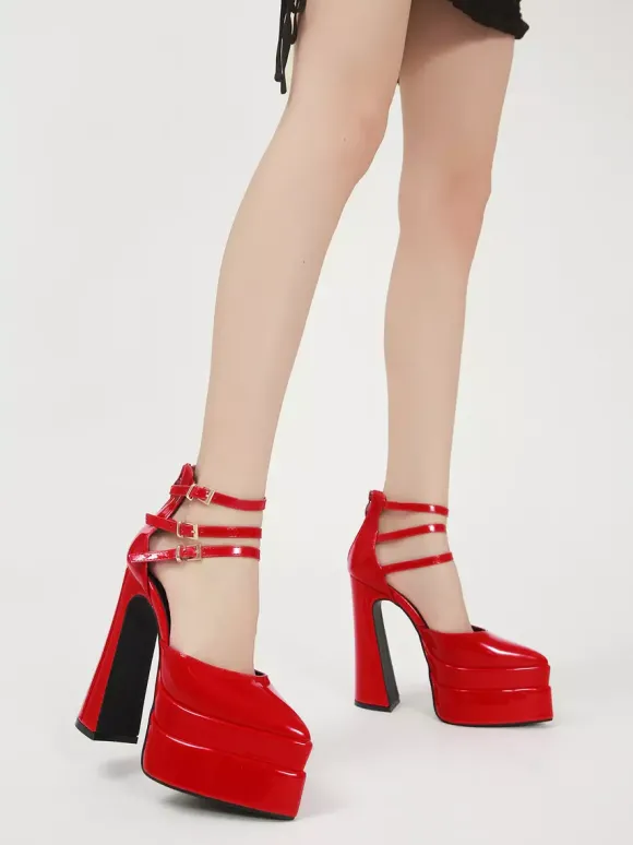Escarpins à plateforme pour femmes Rouge Bout pointu Fermeture à boucle Bride à la cheville Talons hauts bloc