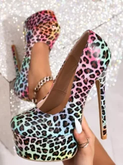 Escarpins à plateforme sexy pour femmes bout rond imprimé léopard talons hauts à enfiler