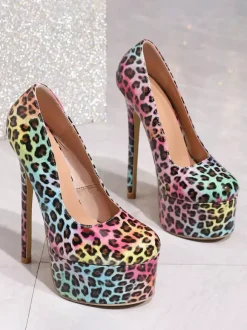 Escarpins à plateforme sexy pour femmes bout rond imprimé léopard talons hauts à enfiler