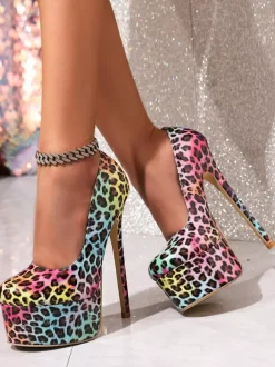 Escarpins à plateforme sexy pour femmes bout rond imprimé léopard talons hauts à enfiler