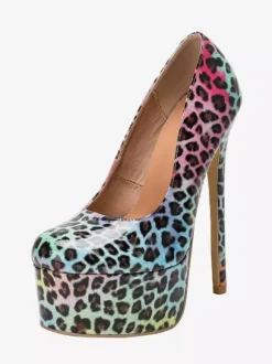 Escarpins à plateforme sexy pour femmes bout rond imprimé léopard talons hauts à enfiler