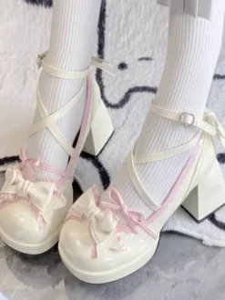 Escarpins plats Lolita classiques en cuir PU écru et blanc avec n艙uds