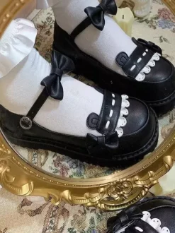 Escarpins plats Lolita gothiques à plateforme en cuir PU noir avec n艙uds